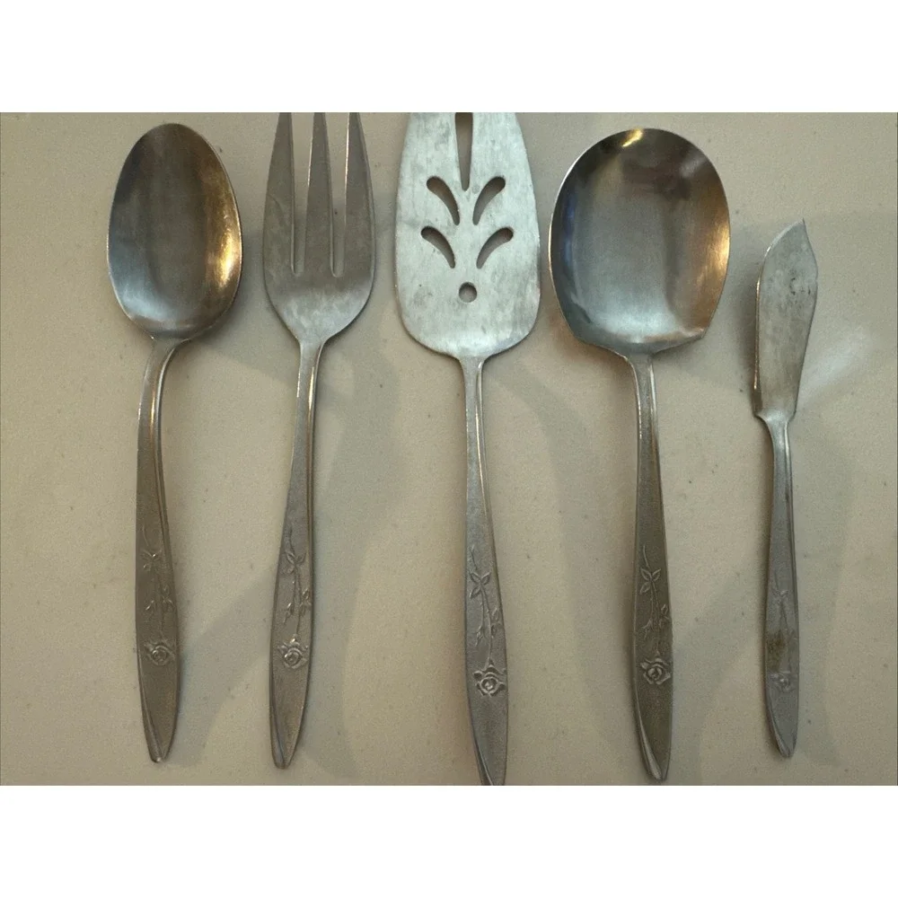 Stanley Roberts Stainless Japan Florentine Rose 5 Piece Hostess Set Textured